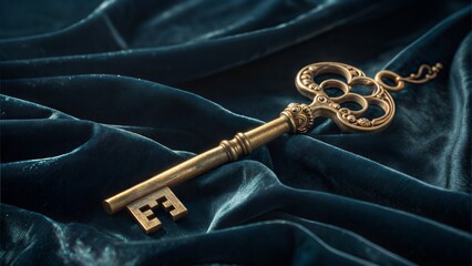Antique golden key resting on dark luxurious velvet fabric in soft lighting