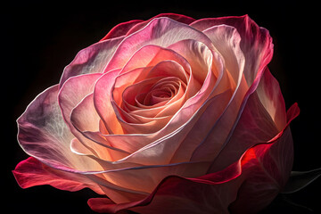 Vibrant pink and red rose with glowing translucent petals against black flower