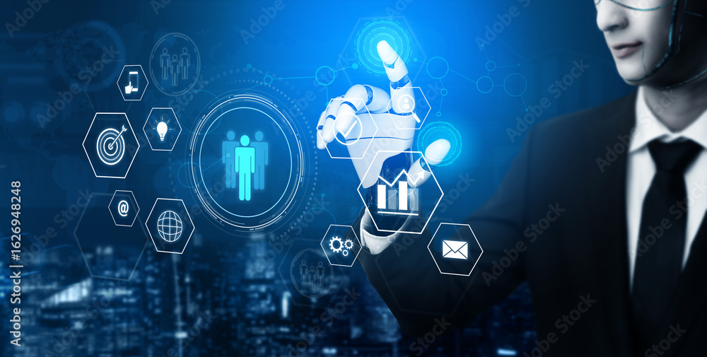 Poster ai coordinating business teamwork, analyzing team communication, enhancing productivity, and alignin