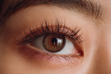 Obraz premium Close-up of a beautiful Asian woman's eye showcasing long eyelashes and perfectly groomed eyebrows, ideal for lash extensions and beauty advertising.