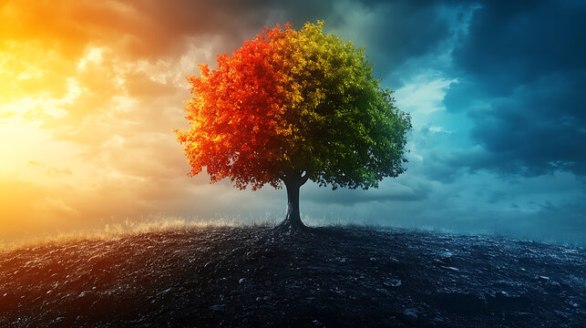 Two Sides of Nature A Majestic Tree Under a Dramatic Sky