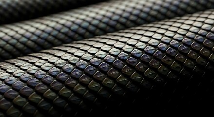 Abstract Close-Up of Textured Metallic Surface with Interlocking Scales and Iridescent Sheen