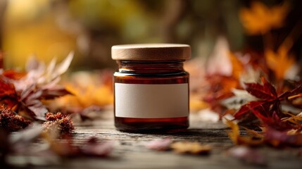 Empty jar label template surrounded by colorful fall leaves. Organic product feel