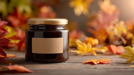 Empty jar label template surrounded by colorful fall leaves. Organic product feel