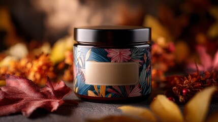 Empty jar label template surrounded by colorful fall leaves. Organic product feel