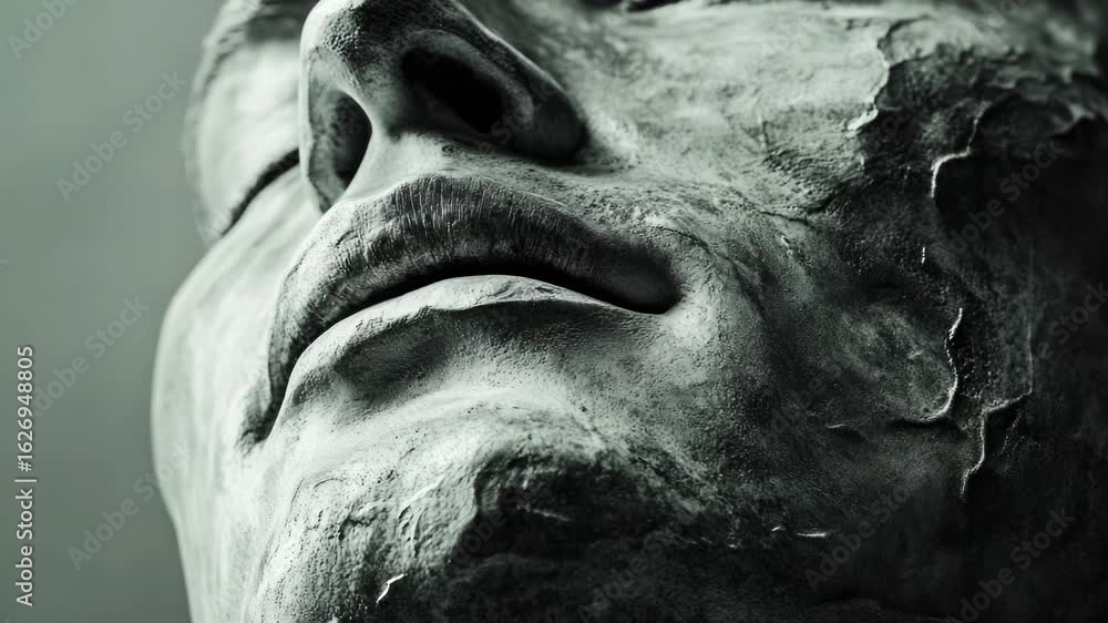 Poster a close-up view of a statue depicting a man's face, suitable for use in various contexts such as art