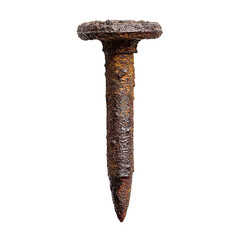 Rusty vintage railroad spike isolated on transparent background with weathered metal texture