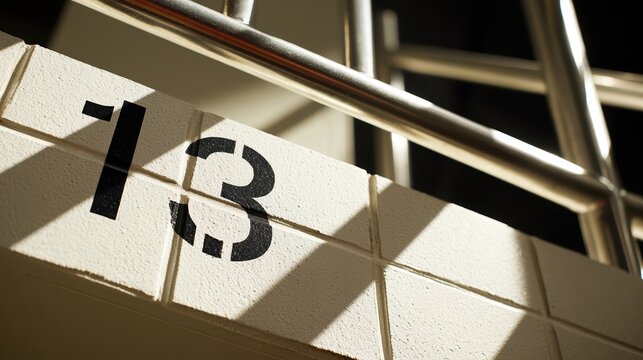 Indoor Kennel Number Sign for Thirteen With Shadows and Metal Handrail