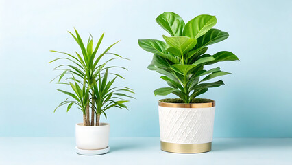 Obraz premium Two healthy green indoor houseplants in stylish white and gold pots against a soft blue background