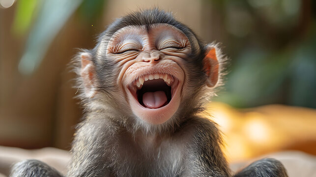 Joyful Young Monkey with Wide Open Mouth and Closed Eyes Laughing