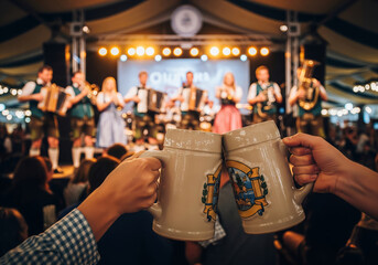 A first-person point of view shot of two people toasting with traditional ceramic beer steins at a festival. In the background, a Bavarian folk music band in lederhosen and dirndls performs.