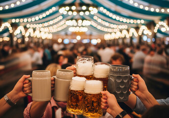 A group of friends toast with a variety of traditional ceramic steins and large glass mugs of beer inside a brightly lit festival tent. 