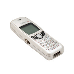 Vintage white cordless phone with numeric keypad and small display screen on transparent background
