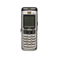 Vintage silver and black mobile phone with numeric keypad and small screen isolated on transparent background