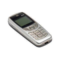 Vintage silver feature phone with physical keypad and small screen isolated on transparent background