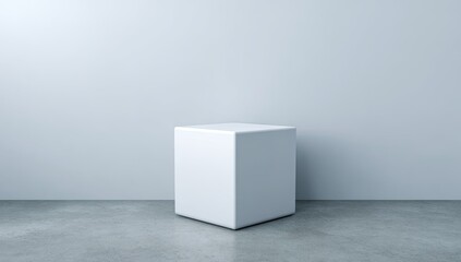 Empty white cube pedestal against a light gray wall.