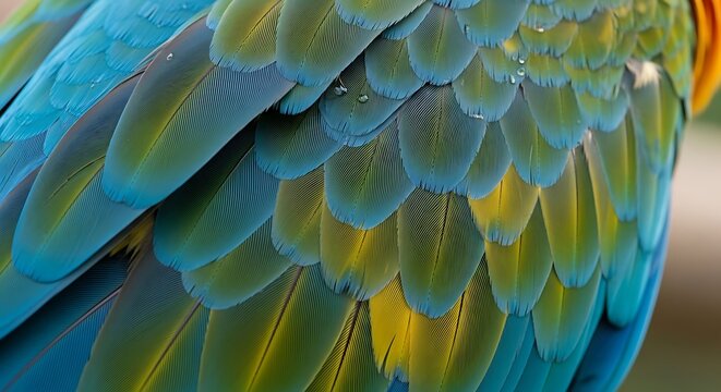 Close-up of vibrant macaw feathers displaying a gradient of blue and yellow, creating a textured and colorful pattern on the bird's plumage.