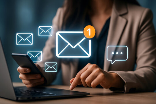 Businesswoman using smartphone and laptop to check email and notifications in digital workspace - Powered by Adobe