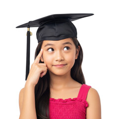 Young girl wearing a graduation cap and thinking, isolated on transparent background