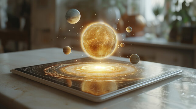 Glowing solar system hologram rising from tablet. Futuristic educational technology concept for astronomy, space exploration, and digital science learning.