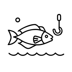 Fishing icon vector illustration of fish with hook and water waves for outdoor recreation design
