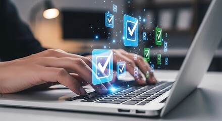 Hands typing on a laptop with glowing digital checkmarks and data icons floating above