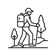 Hiking adventure illustration: backpacker with trekking poles in nature outline vector art