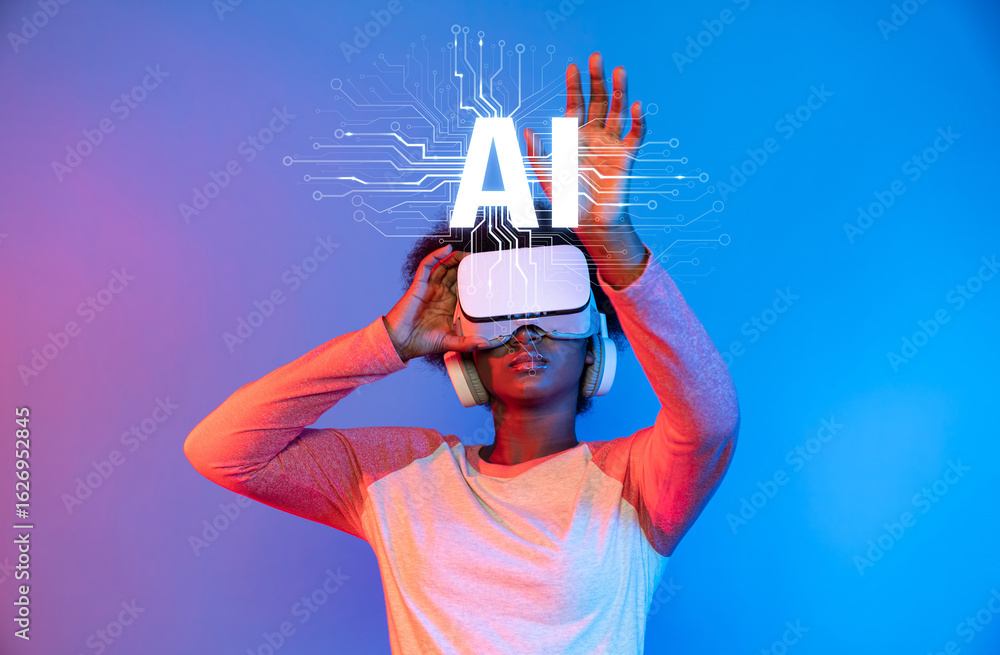 Poster a person engages with a virtual reality headset depicting the fusion of human interaction and artifi