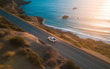 Scenic Coastal Road Trip with White Car Ocean Views and Stunning Landscape Adventure Along the California Coast