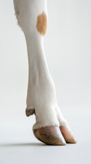 Close-up of a cow's hoof and leg showcasing details of the animal's unique markings and features in a bright environment