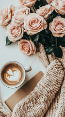 Cozy winter morning with a cup of coffee and pink roses on a soft knitted blanket