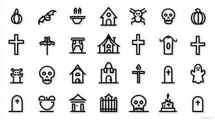 Halloween Outline Icons: Skulls, Ghosts, and Spooky Decor for Festive Designs