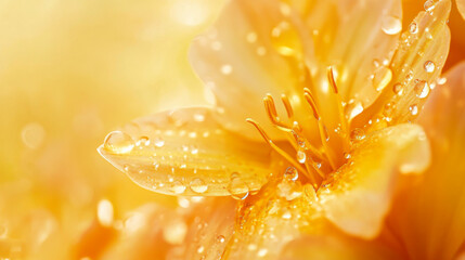 Close-up view of a vibrant yellow flower adorned with water droplets in a serene outdoor setting during golden hour