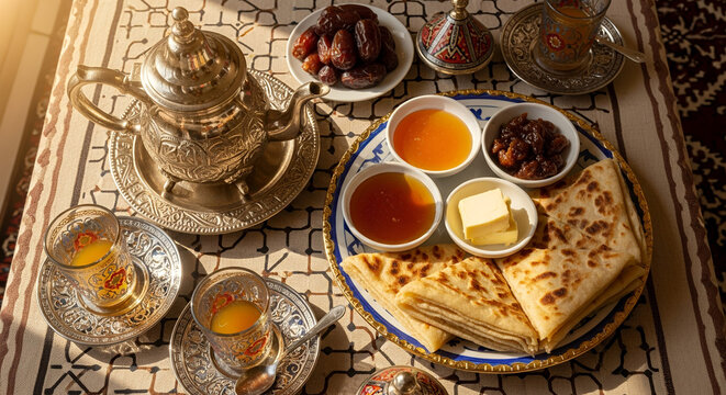 Algerian Breakfast with Msemen and Mint Tea