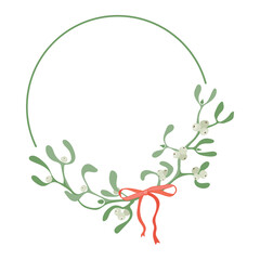 Christmas botanical frames with mistletoe branches and bow with ribbons. Holiday illustration with leaves and berries. Vintage style drawing. Vector image for frames, borders and New Year decoration.