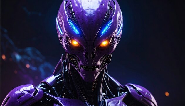 Close-up of a Futuristic Purple Robot Head with Glowing Eyes