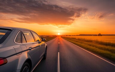 Naklejka premium Driving into the sunset a journey on the open road at dusk with a silver sedan car