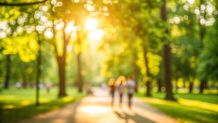 Golden hour sunlight streams through lush green trees illuminating a blurred park path with people walking peacefully