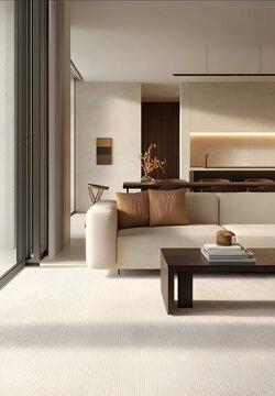 A modern minimalist living room with light grey walls and white ceiling large window at the end of the wall showing an open kitchen in black oak wood with brown vei