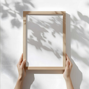 17h A mockup of an A4 wooden frame on the wall with hands holding it from below white background natural lighting hyperrealistic photography iw 1