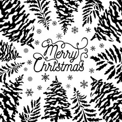 Merry Christmas. Monochrome card with Christmas trees and snowflakes. hand drawing. Not AI, Vector illustrations.