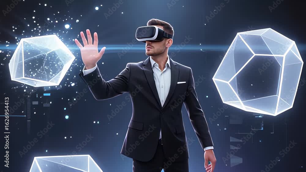 Poster dynamic closeup of a man in a sleek suit interacting with futuristic technology in a virtual environ