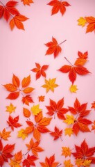 Obraz premium Crisp autumn leaves in vibrant reds, oranges, and yellows scattered on a soft pastel pink background, backdrop, aesthetic, design