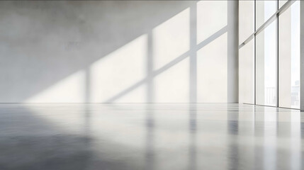 A closeup of a large empty white wall smooth and unblemished with a shiny concrete floor reflecting light The modern building has high ceilings with minimalistic arc