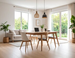 Bright, modern dining room with large windows