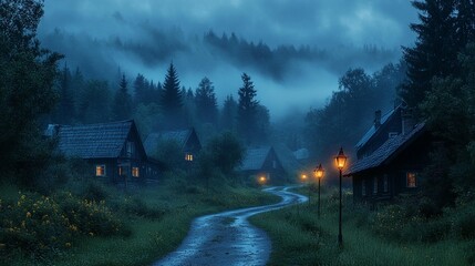 Misty Village Night