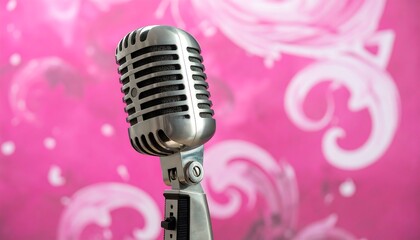 Vintage microphone against a pink floral backdrop