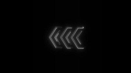 Three glowing white neon chevron arrows pointing left on a black background light