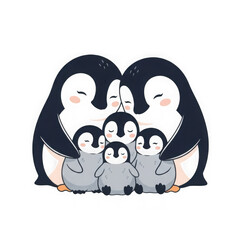 Fototapeta premium A cute penguin family huddled together for warmth isolated on transparent background