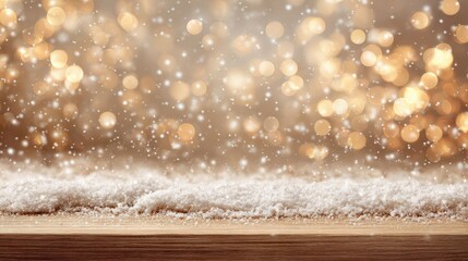 Abstract background featuring blurred golden bokeh lights and white snow on a beige-brown tone, providing a cozy setting for product displays. Ideal for Christmas themes.